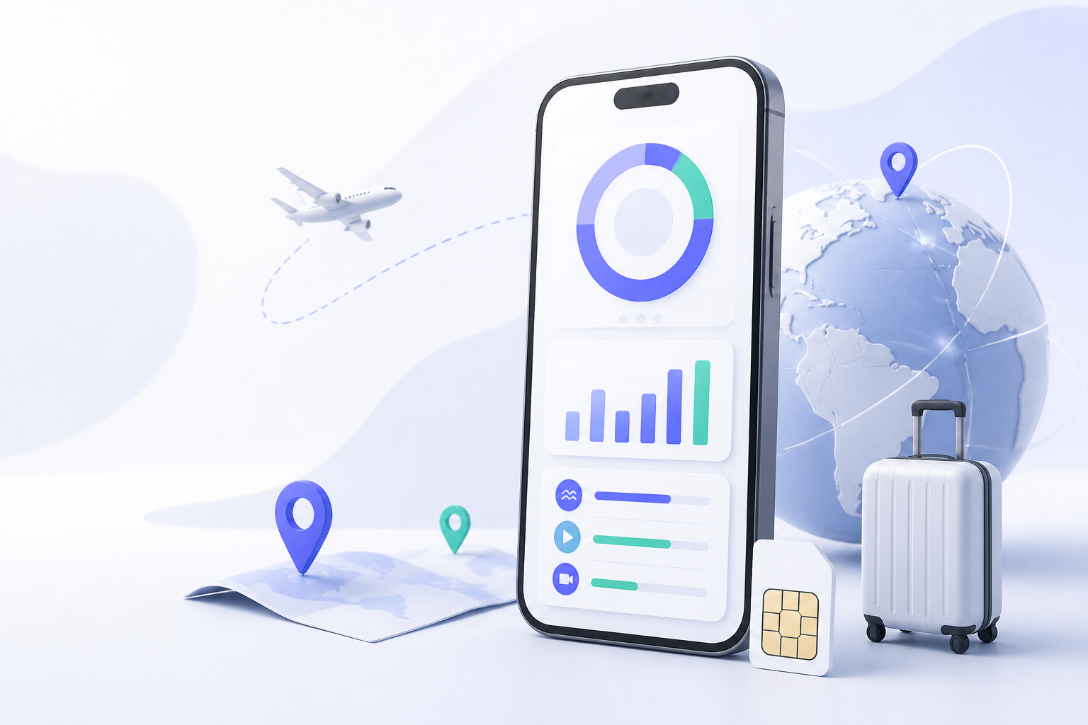 Điện thoại hiển thị biểu đồ dung lượng data cho chuyến du lịch quốc tế
